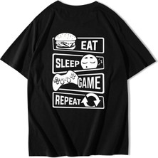 Brz Collection Unisex Oversize Eat - Sleep - Game - Repeat T-Shirt Siyah