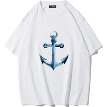 Brz Collection Unisex Oversize Denizci Çapa T-Shirt (Beyaz)