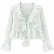 Mixray 4710 Kadın Volanlı Transparan Bolero Bluz Mavi