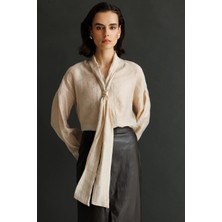 Mixray 4839 Kadın V Yaka Dökümlü Fular Detaylı Bluz Krem