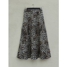 Modamorfo Leopar Desen Beli Lastikli Scuba Etek -Ekru