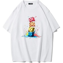 Brz Collection Unisex Oversize Zar Baskılı T-Shirt (Beyaz)