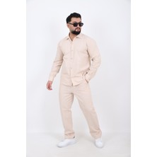 L-KOM Erkek Keten Gömlek Pantolon Takım