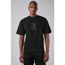 Ex-pent Erkek Dikim Detaylı Modelli Şeritli Regular Kalıp Baskılı Pamuklu Siyah T-Shirt