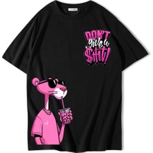 Brz Collection Unisex Oversize Don't Give A Shit Pink Panther T-Shirt Siyah