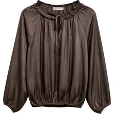 Mixray 4814 Kadın Bağlamalı Büzgülü Uzun Kol Saten Bluz Kahve