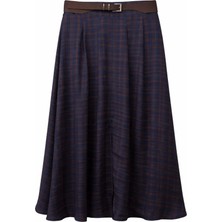 Mixray 4880 Kadın Kemer Detaylı Yırtmaçlı Ekose Etek Lacivert