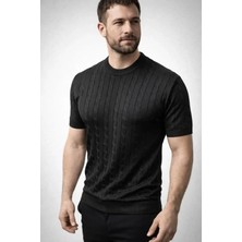 Erkek Yazlık Triko Dokuma Tişört Kısa Kol Bisiklet Yaka Örgü Desenli T-Shirt - Siyah