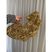 Symaslan Design Metalik Hasır çanta, Yazlık,plaj, abiye, özel gün çantası Gold çanta