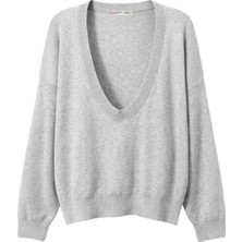 Mixray 7029 Kadın Derin V Yaka Basic Triko Kazak Açık Gri