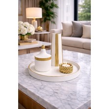 Nox Atelier Beyaz & Altın Dekoratif Mumluk Seti – Tepsi Üzerinde 3’lü Lüks Salon Aksesuarı