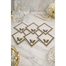 Zorensa Kelebek Nakışlı Gold Ekose Kokteyl Peçetelik 6’lı Set – 13X13 Kare Kahve & Çay Sunumluk