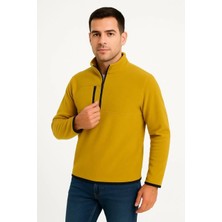 Lushiowear Erkek Polar Kazak Dik Yaka Yarım Fermuarlı Fermuarlı Göğüs Cepli Siyah Biyeli - Sarı