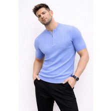 Erkek Kısa Kol Fitilli Triko T-Shirt Yazlık Hakim Yaka Tişört - Bebek Mavisi