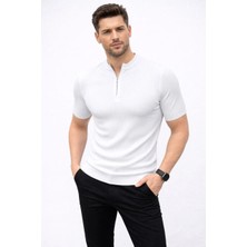 Tarz Yeri Erkek Kısa Kol Fitilli Triko T-Shirt Yazlık Hakim Yaka Tişört - Beyaz