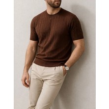 Lushiowear Erkek Yazlık Triko Dokuma Tişört Kısa Kol Bisiklet Yaka Örgü Desenli T-Shirt - Kahverengi