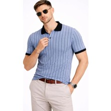 Lushiowear Erkek Polo Yaka Çizgili Tişört Kısa Kol Düğmeli Yazlık T-Shirt - Bebek Mavisi