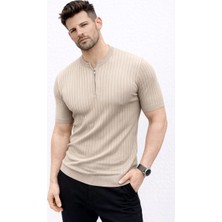 Erkek Kısa Kol Fitilli Triko T-Shirt Yazlık Hakim Yaka Tişört - Bej