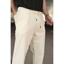 Erkek Keten Cepli Pantolon Lastikli Bel Bağcıklı Önden Fermuarlı - Krem