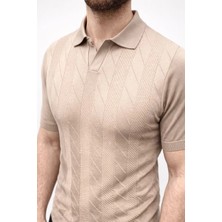Erkek Yazlık Triko Dokuma Tişört Kısa Kol Polo Yaka T-Shirt - Bej