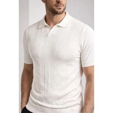 Erkek Yazlık Triko Dokuma Tişört Kısa Kol Polo Yaka T-Shirt - Beyaz