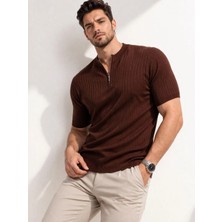 Erkek Kısa Kol Fitilli Triko T-Shirt Yazlık Hakim Yaka Tişört - Kahverengi