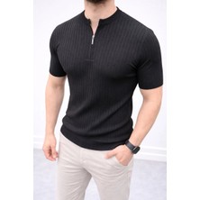 Erkek Kısa Kol Fitilli Triko T-Shirt Yazlık Hakim Yaka Tişört - Siyah