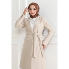 Kadın Kaşe Kaban Uzun Boy Kruvaze Yaka Kuşaklı Tesettür Kaban Astarlı Yünlü Dokuma - Bej