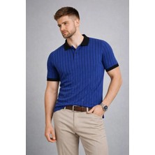 Lushiowear Erkek Polo Yaka Çizgili Tişört Kısa Kol Düğmeli Yazlık T-Shirt - Saks Mavisi