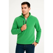 Lushiowear Erkek Polar Kazak Dik Yaka Yarım Fermuarlı Fermuarlı Göğüs Cepli Siyah Biyeli - Yeşil