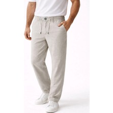 Erkek Keten Cepli Pantolon Lastikli Bel Bağcıklı Önden Fermuarlı - Gri