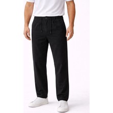 Erkek Keten Cepli Pantolon Lastikli Bel Bağcıklı Önden Fermuarlı - Siyah