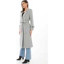 Kadın Balık Sırtı Kaşe Kaban Uzun Boy Kruvaze Yaka Kuşaklı Astarlı Tesettür Kaban - Gri