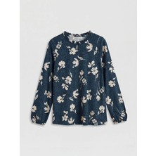 LC Waikiki Lcw Grace Lacivert Fırfırlı Dik Yaka Çiçekli Bluz