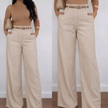 Ulak Handmader Kadın Yüksek Bel Geniş Paça Detaylı Cepli Ithal Krep Pantolon