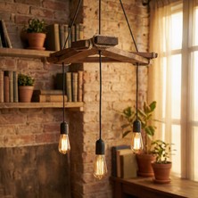 Celestia Home Dekoratif Doğal Ahşap Üçgen Gövdeli 3'lü Sarkıt Avize - Rustik Halatlı Geometrik Kütük Lamba