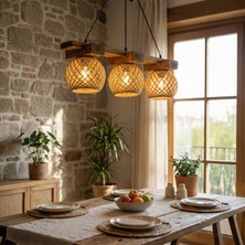 Celestia Home Dekoratif Geniş Ahşap Gövdeli 3'lü Hasır Şapkalı Sarkıt Avize - Rustik Çiftlik Evi Salon ve Yemek Masası Lambası