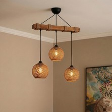 Celestia Home Dekoratif Doğal Ahşap Gövdeli 3'lü Hasır Şapkalı Halatlı Sarkıt Avize - Rustik Bohem Salon Lambası
