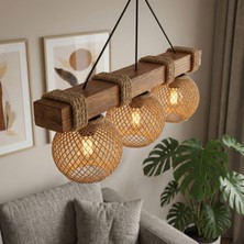 Celestia Home Dekoratif Doğal Ahşap Gövdeli 3'lü Sıralı Hasır Şapkalı Halatlı Avize - Kompakt Rustik Tavan Lambası
