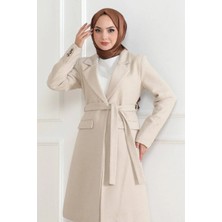 Kadın Kaşe Kaban Uzun Boy Kruvaze Yaka Kuşaklı Tesettür Kaban Astarlı Yünlü Dokuma - Bej