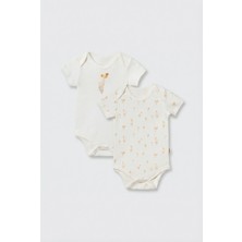 Magu Unisex Bebek Pamuklu Ekru 2'li Kısa Kollu Body Seti - Desenli ve Ayıcık Baskılı