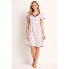 Mamayaga Kadın V Yaka Dantel Detay Yarım Kol Çiçek Desenli Yazlık Pamuk Yumuşak Curve Gecelik