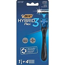 Bıc Hybrid 3 Flex Erkek Tıraş Bıçağı 1 Sap ve 4 Yedek Başlık (3 Bıçak), 3 Nano Teknolojik Titanyum Bıçak, E Vitamini ile Zenginleştirilmiş Geniş Kayganlaştırıcı Bant