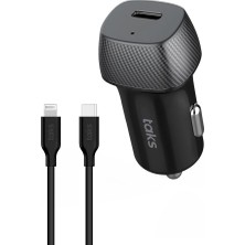 Taks CP01 30W Pd Usb-C Araç Hızlı Şarj Aleti + Usb-C-Lightning Kablo, Siyah 5CP01LS