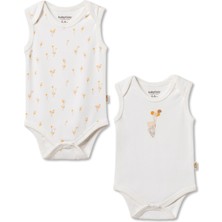 Magu Unisex Bebek Pamuklu Ekru 2'li Kolsuz Body Seti - Desenli ve Ayıcık Baskılı