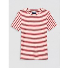 LC Waikiki Lcw Kids Kırmızı Bisiklet Yaka Çizgili Kız Çocuk Tişört