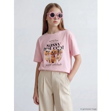 LC Waikiki Lcw Kids Pembe Bisiklet Yaka Baskılı Kız Çocuk Tişört