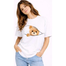 Nevermind Fermuarlı Ayıcık Baskılı Kadın Tişört Oversize Sevimli Teddy Bear Baskılı Pamuk T-Shirt