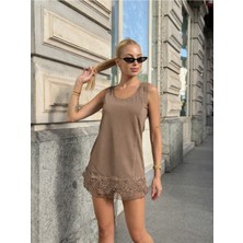 Mamayaga Kadın Eteği Taşlı Tül ve Güpür Detaylı Kalın Askılı Yıkamalı Büyük Beden Curve Tunik Elbise Bluz