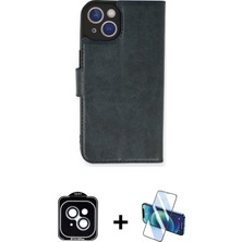 Cepte Toptan iPhone 14 Siluet Işık Serisi - Siyah 3D Antistatik Cam Ekran Koruyucu + Mavi Pvd Metal Kamera Lens